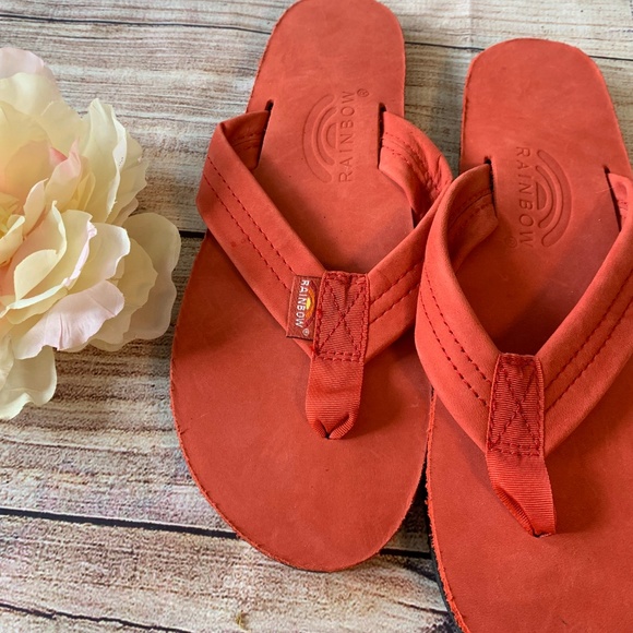 red leather flip flops